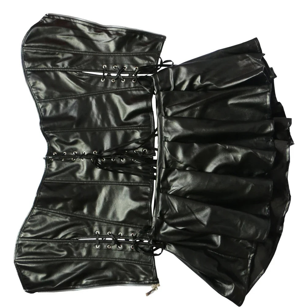 Gothic Leather Corset Dress - Overbust Bustier with Front Zipper, Lace-Up Back & Steampunk Style