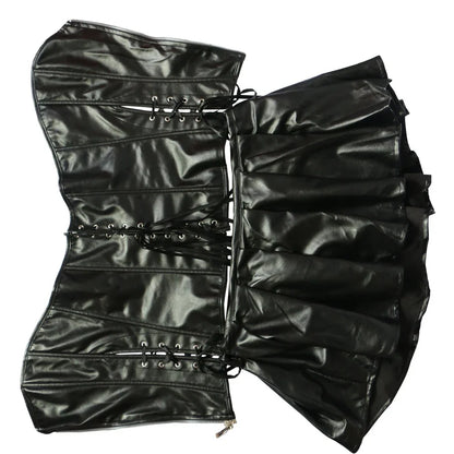 Gothic Leather Corset Dress - Overbust Bustier with Front Zipper, Lace-Up Back & Steampunk Style
