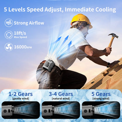 Portable Waist & Neck Hanging Fan – 5-Speed Strong Wind Cooling Fan with LED Light | 10000/20000mAh Rechargeable Battery, Outdoor Sports & Work Wearable Fan