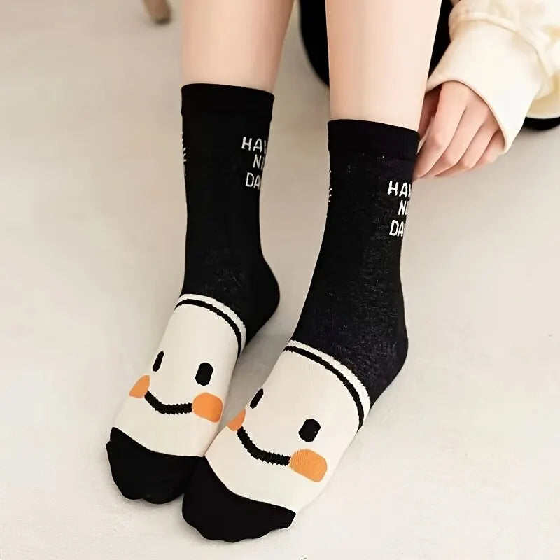5 Pairs Happy Face Crew Socks – Cartoon Cat Cotton Mid Tube Socks, Breathable Women's Stockings & Hosiery