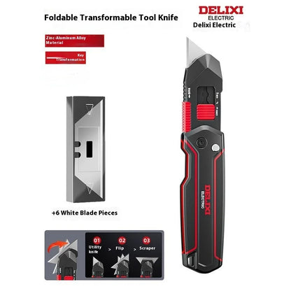 DELIXI 6-in-1 Transforming Utility Knife - Multifunctional Cutter for Cardboard, Paper & Boxes