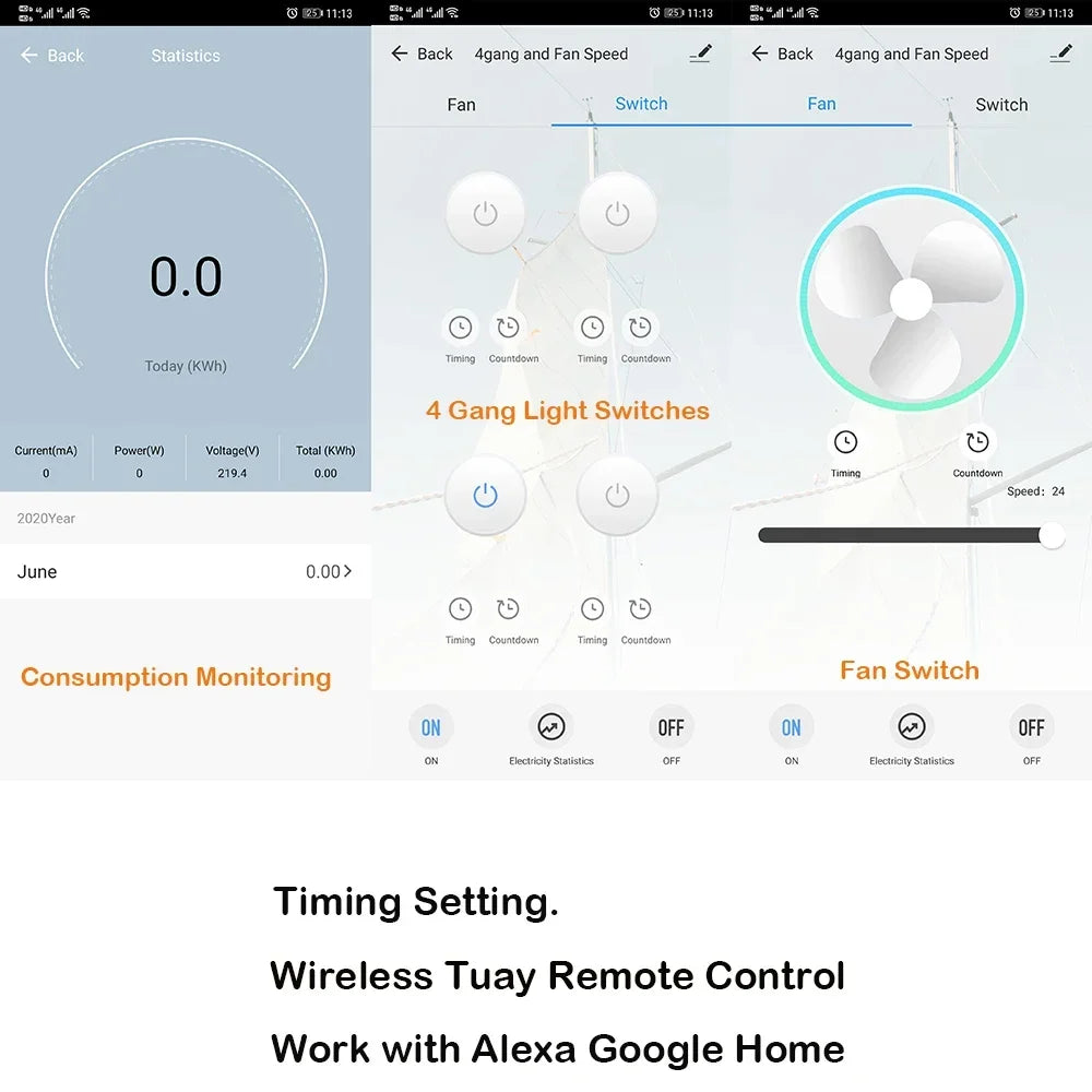 Tuya WiFi Smart Light Switch – 4 Gang Touch Panel, Fan Speed Dimmer, Power Metering, Alexa & Google Home Compatible