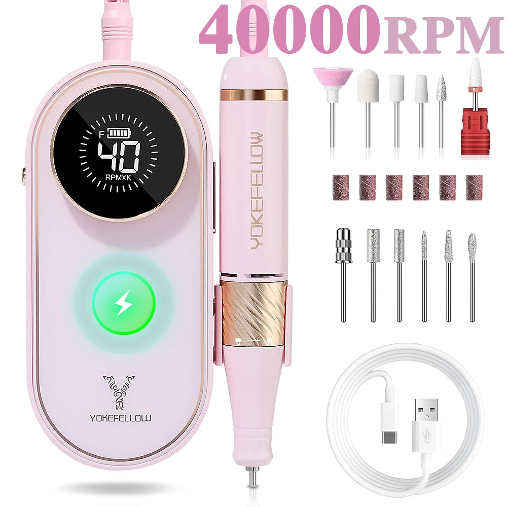 YOKEFELLOW Professional Nail Drill – 40000RPM Rechargeable Electric Nail E-File, Cordless for Acrylic & Gel Nails