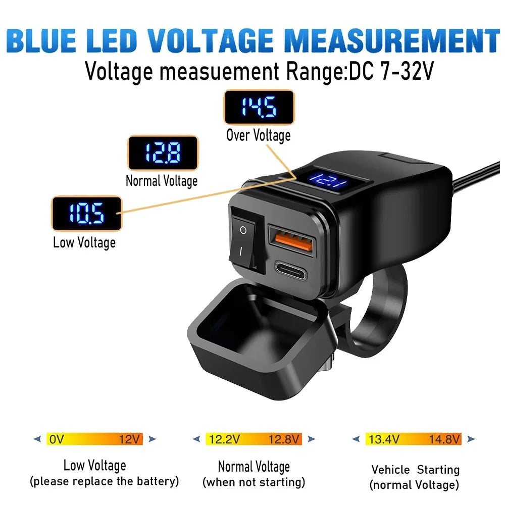 PD QC3.0 Motorcycle USB Fast Charger 60W – Dual USB Handlebar Socket with Switch & Voltmeter Waterproof 12V Power Adapter