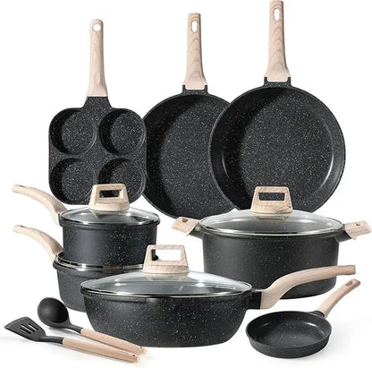 12 Piece Granite Non-Stick Cookware Set - Includes Frying Pan, Saucepan, Wok, and Oversized Casserole for Induction Cooking
