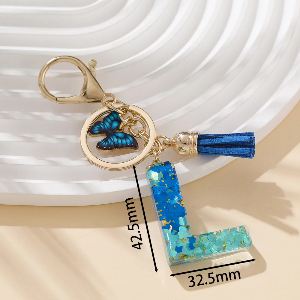 Royal Blue Butterfly Initial Keychain - Alloy Alphabet Letter & Tassel Backpack Charm