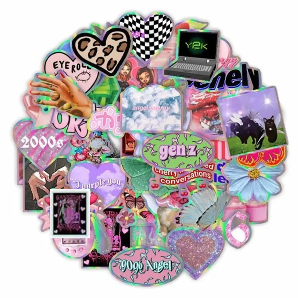 50PCS Y2K Pink Girl Stickers - Cute Laser Decals for Laptops, Phones, Suitcases & Scrapbooks
