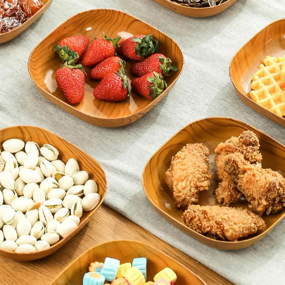 10PCS Plastic Snack Bowls - Multifunctional Wood Grain Fruit & Food Serving Dishes