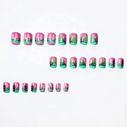 Medium Long Christmas Fake Nails – Square & Almond Tips with Tree, Snowflake & Snowman Designs