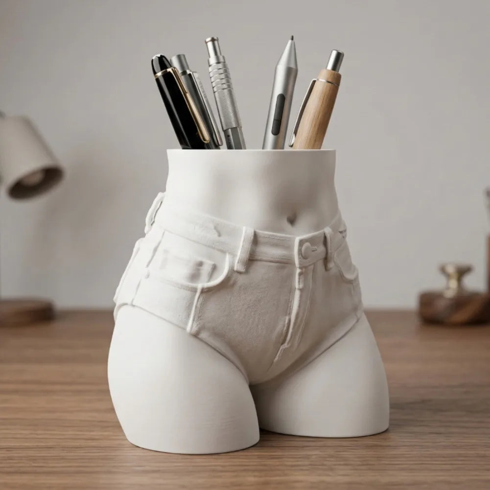 Slender Waist Model Pen Holder - 3D Printed Large-Capacity Pencil Cup for Office & Desktop Storage