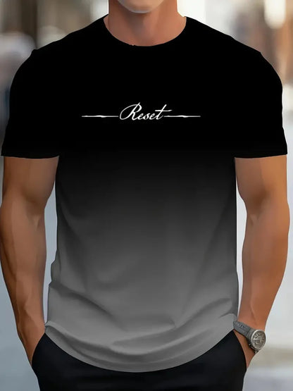 Men's Gradient 3D Printed T-Shirt – Reset Letter Design, Quick Drying, Casual Sports Summer Top (Plus Size)