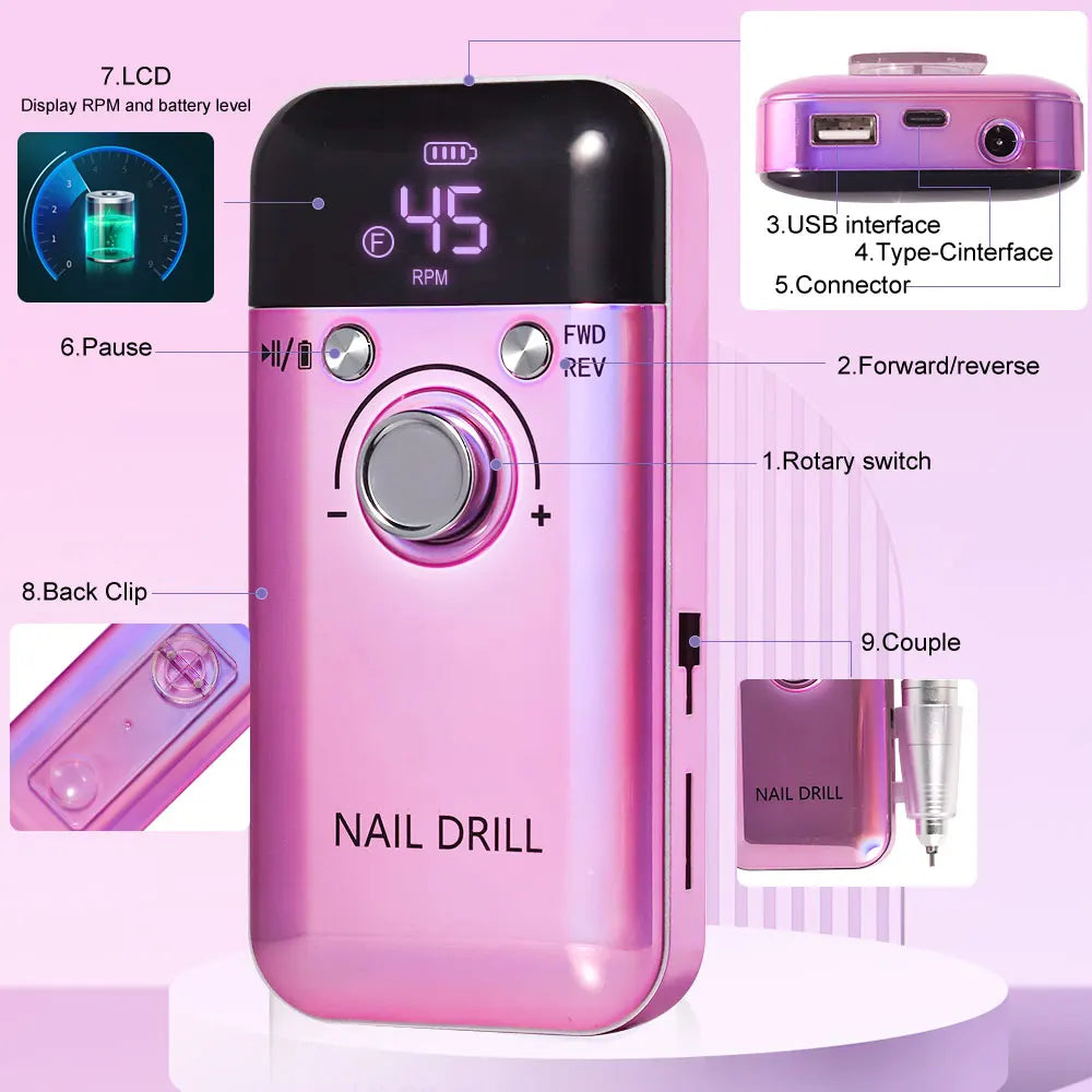 45000RPM Electric Nail Drill – Professional Rechargeable Nail File for Gel Nails, Portable Manicure Tool