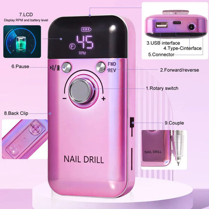 45000RPM Electric Nail Drill – Professional Rechargeable Nail File for Gel Nails, Portable Manicure Tool