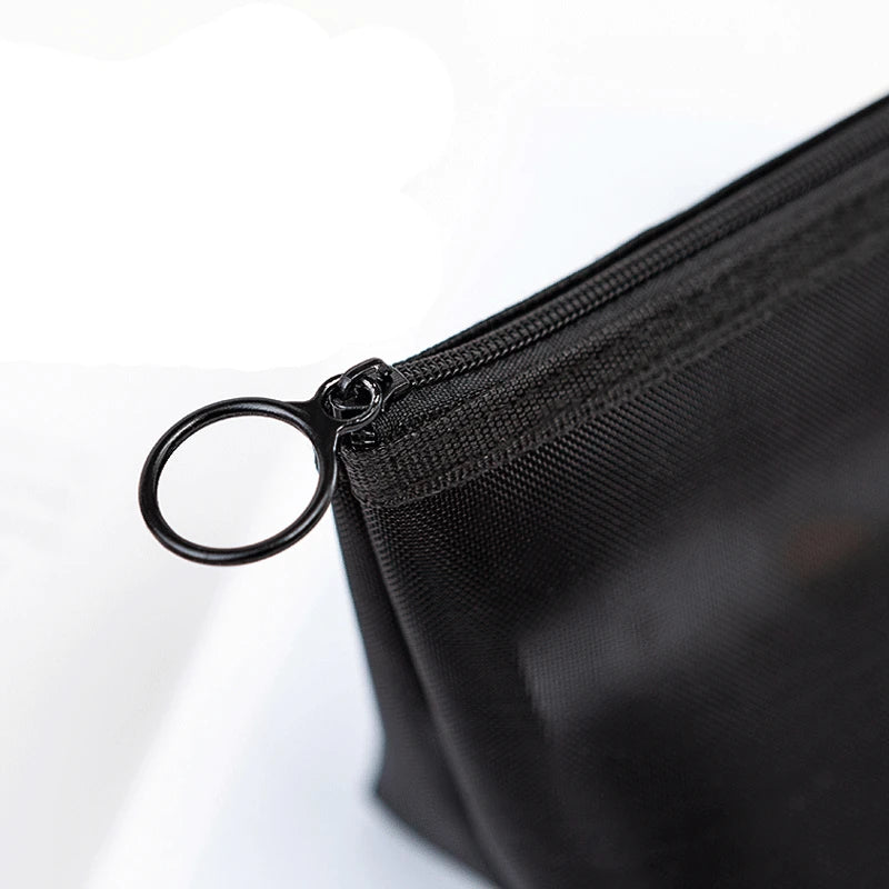 Transparent Mesh Zipper Cosmetic Bag – Fashionable Black Toiletry Organizer, Small & Large Makeup Pouch for Women