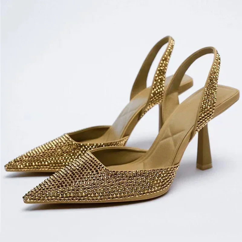 2025 Summer Women’s Sandals – Fashion Crystal Buckle Slingback High Heels, Elegant Gold Party Sexy Pumps