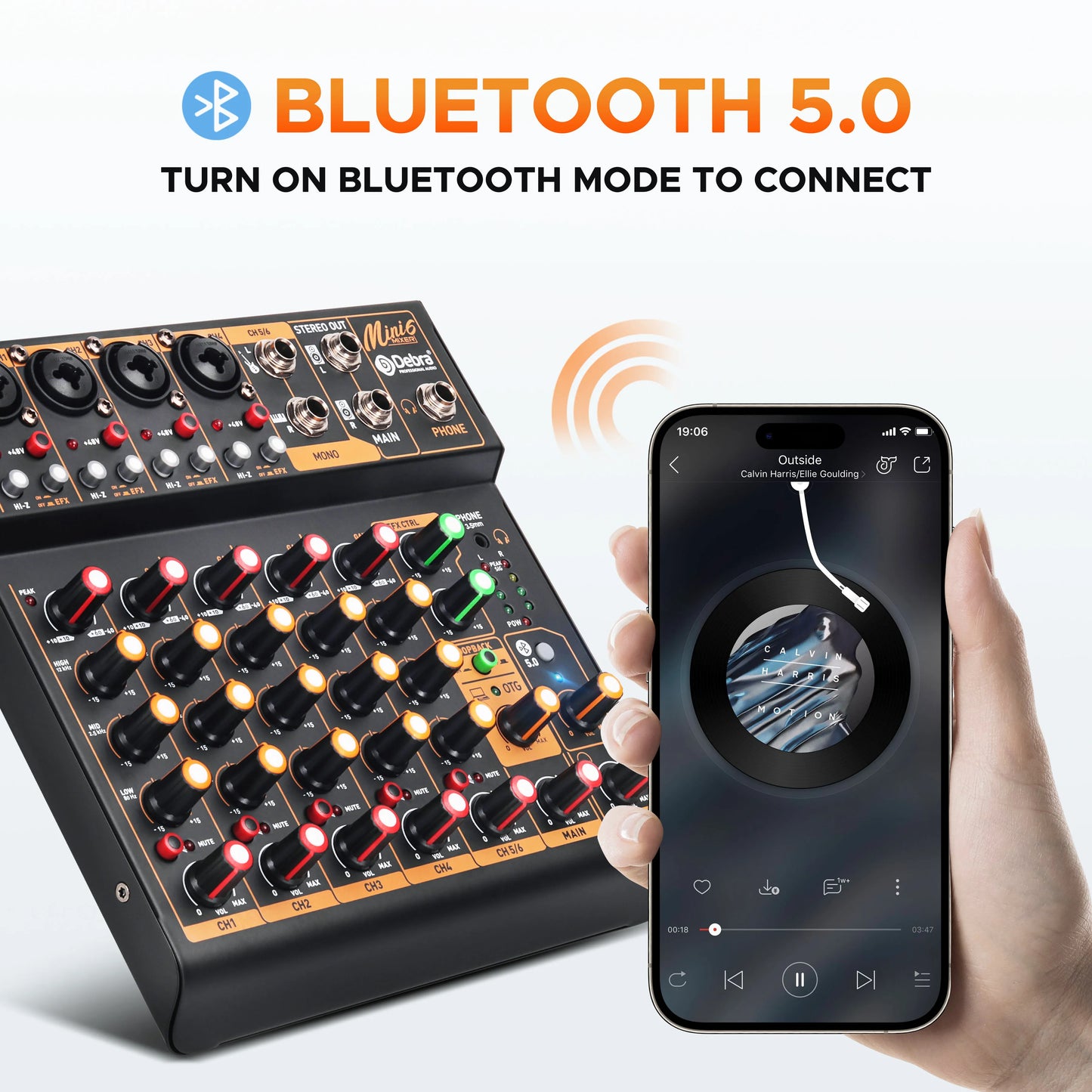 Debra Mini6 6-Channel Metal Audio Mixer Interface with Bluetooth & Delay Repeat Effect – OTG Sound Mixing Console for PC Recording