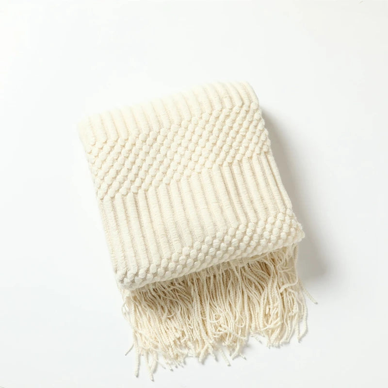 White Boho Throw Blanket – Textured Chunky Knitted Vintage Luxury Bedspread, Sofa Cover Manta Para Sofá