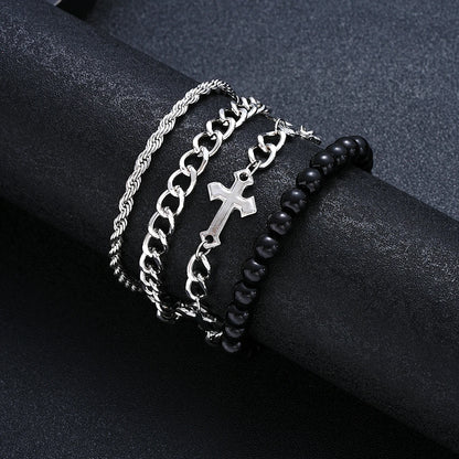 4-Piece Stainless Steel Bracelet Set - Punk Cross Bead Chain Bracelets for Men & Women