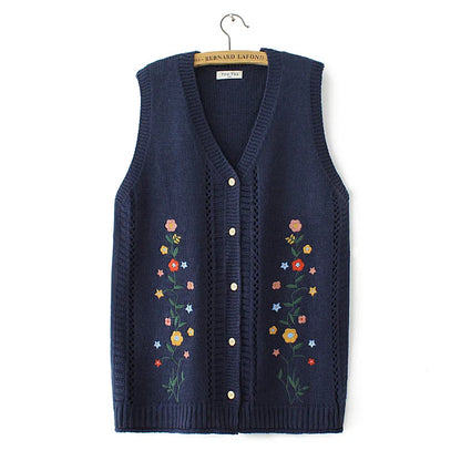 Plus Size Women's Embroidered Hollow Knit Sweater Vest – V-Neck Cardigan, Casual Autumn Fashion, E2 3023