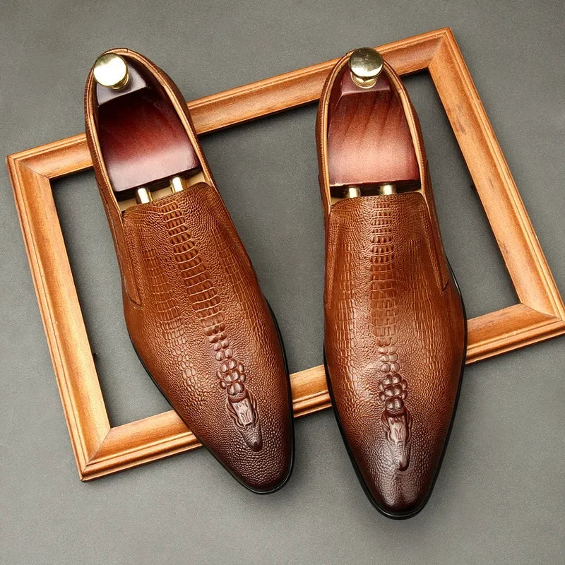 Men’s Genuine Leather Oxford Shoes - Handmade Crocodile Pattern Formal Wedding Business Dress Shoes in Black or Blue