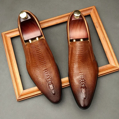 Men’s Genuine Leather Oxford Shoes - Handmade Crocodile Pattern Formal Wedding Business Dress Shoes in Black or Blue