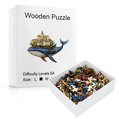 Artisan Whale Castle Wooden Puzzle – Handcrafted Animal Village & Marine Wall Art, Intermediate Family Game