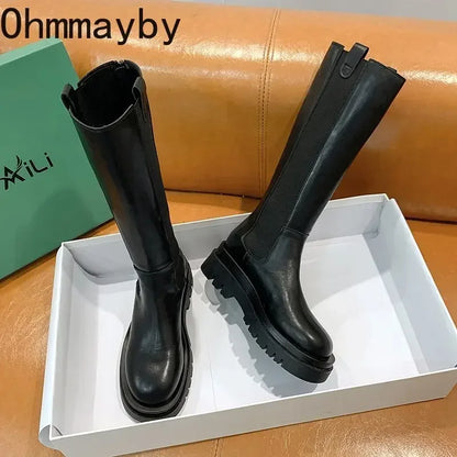 Platform Women's Knight Long Boots – Fashionable Warm Fur Knee-High Booties with Square Heels for Autumn & Winter