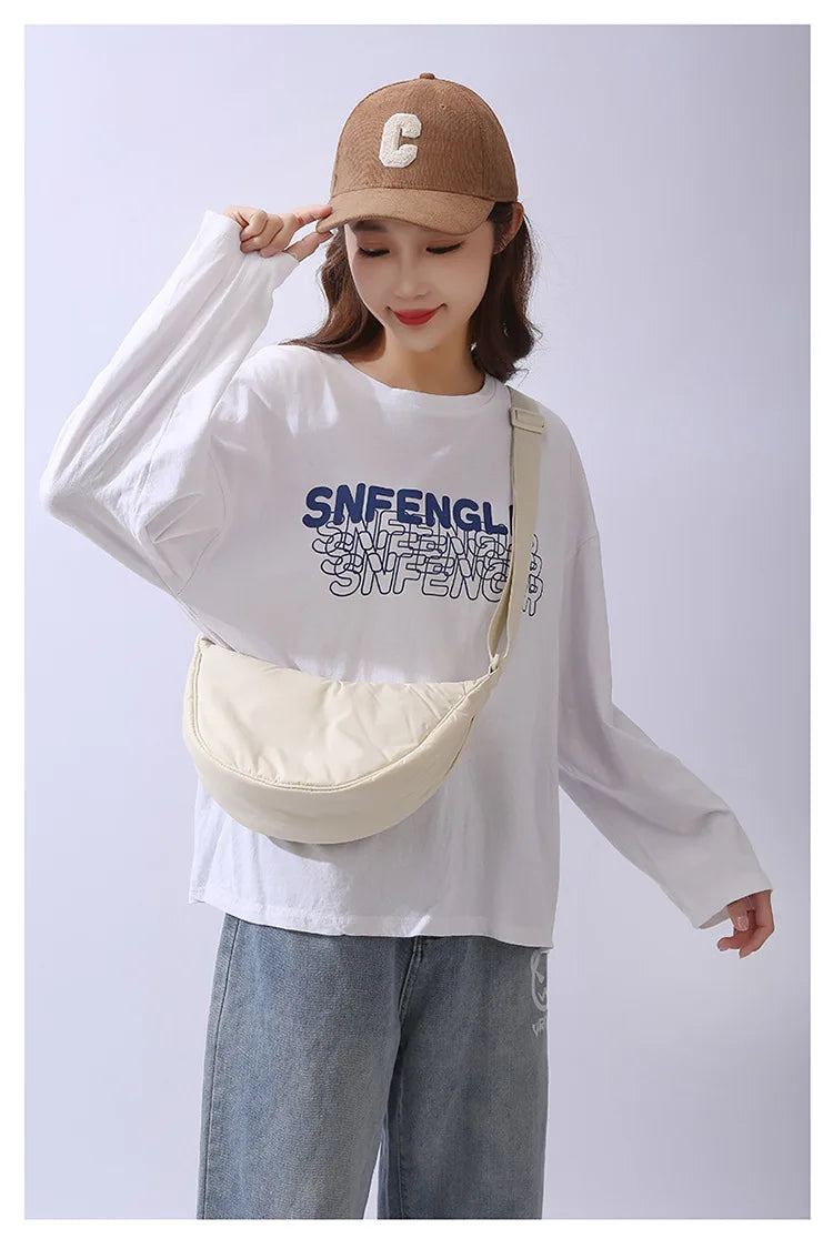 Solid Color Women's Portable Shoulder Bag – Simple Nylon Cloth Padded Crossbody Travel Purse & Messenger Bag