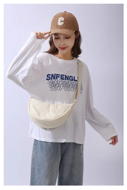 Solid Color Women's Portable Shoulder Bag – Simple Nylon Cloth Padded Crossbody Travel Purse & Messenger Bag