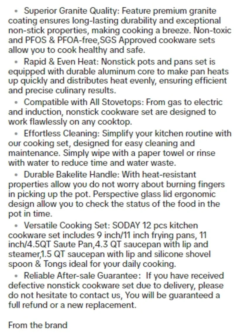 SODAY 12 Piece Granite Nonstick Cookware Set - Induction Compatible Kitchen Pots and Pans