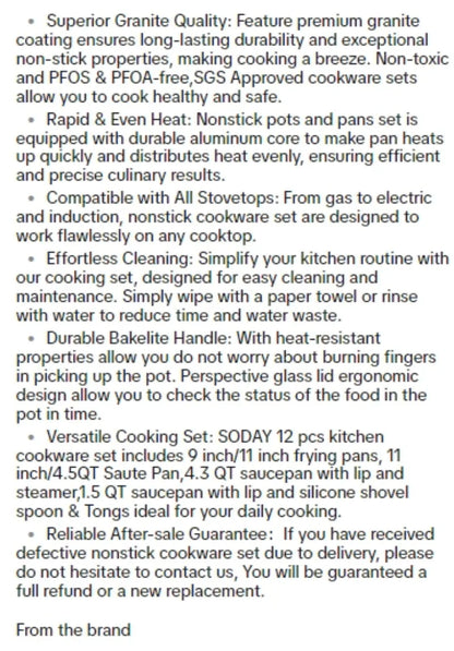 SODAY 12 Piece Granite Nonstick Cookware Set - Induction Compatible Kitchen Pots and Pans