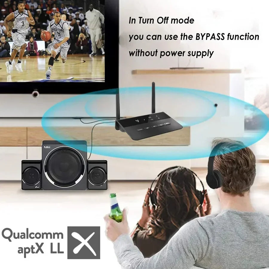 Bluetooth 5.0 Audio Transmitter Receiver 80M Range AptX HD Low Latency Wireless Adapter 3.5mm AUX & RCA for TV PC Headphones