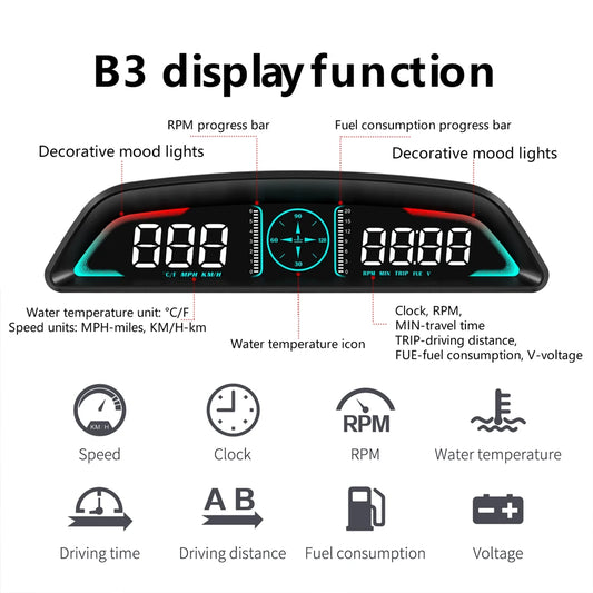 Multi OBD Meter B3 HUD – Speed, RPM, Water Temp, Fuel, Time with Overspeed, Voltage Alarm & Drive Reminder