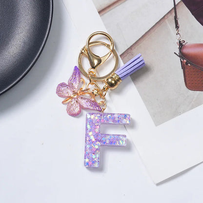 A-Z Initial Letter Sequin Keychain - Purple Butterfly Tassel Resin Keyring Backpack Charm Gift