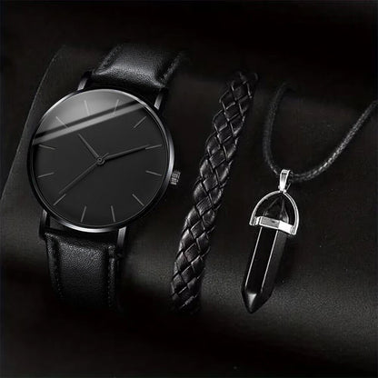 Men’s 3PCS Watch Set – Quartz Analog Business Watch with Leather Band, Necklace & Bracelet Gift Set