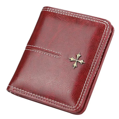 Women’s PU Leather Wallet — Short Hasp Coin & Card Holder, Small Money Bag Clutch in Blue & Red