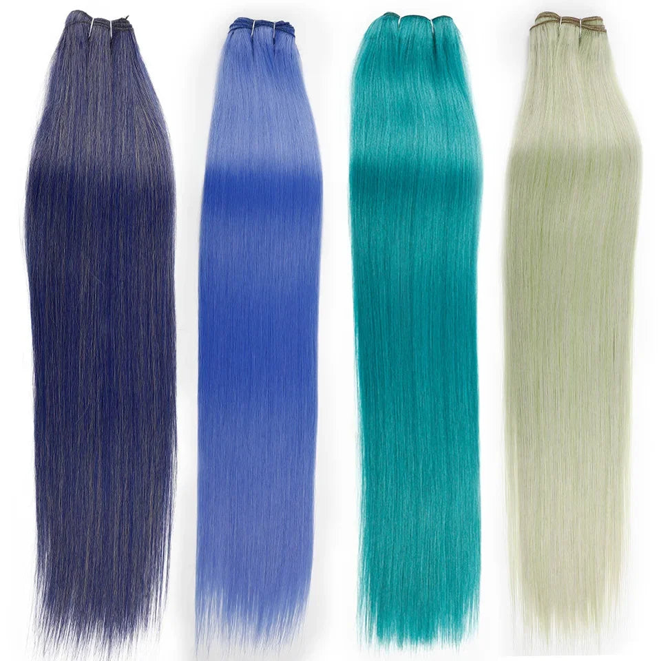 26" Ombre Straight Synthetic Hair Extensions – Smooth Weaving, Full Blue Hair Bundles from Root to End