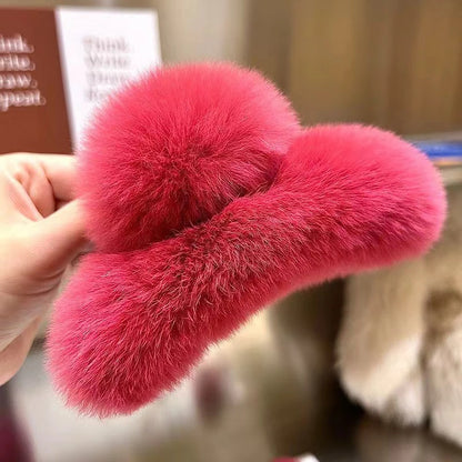 Winter Fuzzy Hair Claw for Women – Warm Fluffy Natural Rex Rabbit Fur Hair Clip, Elegant Fashion Party Accessory
