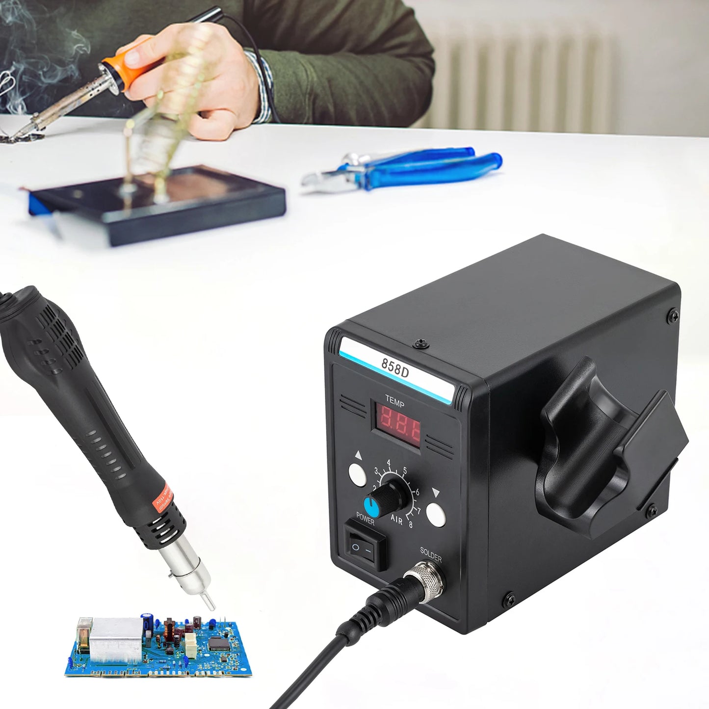 700W Hot Air Rework Station with Heat Gun – SMD Soldering Set, Adjustable Temperature & LED Display for Electronics Repair