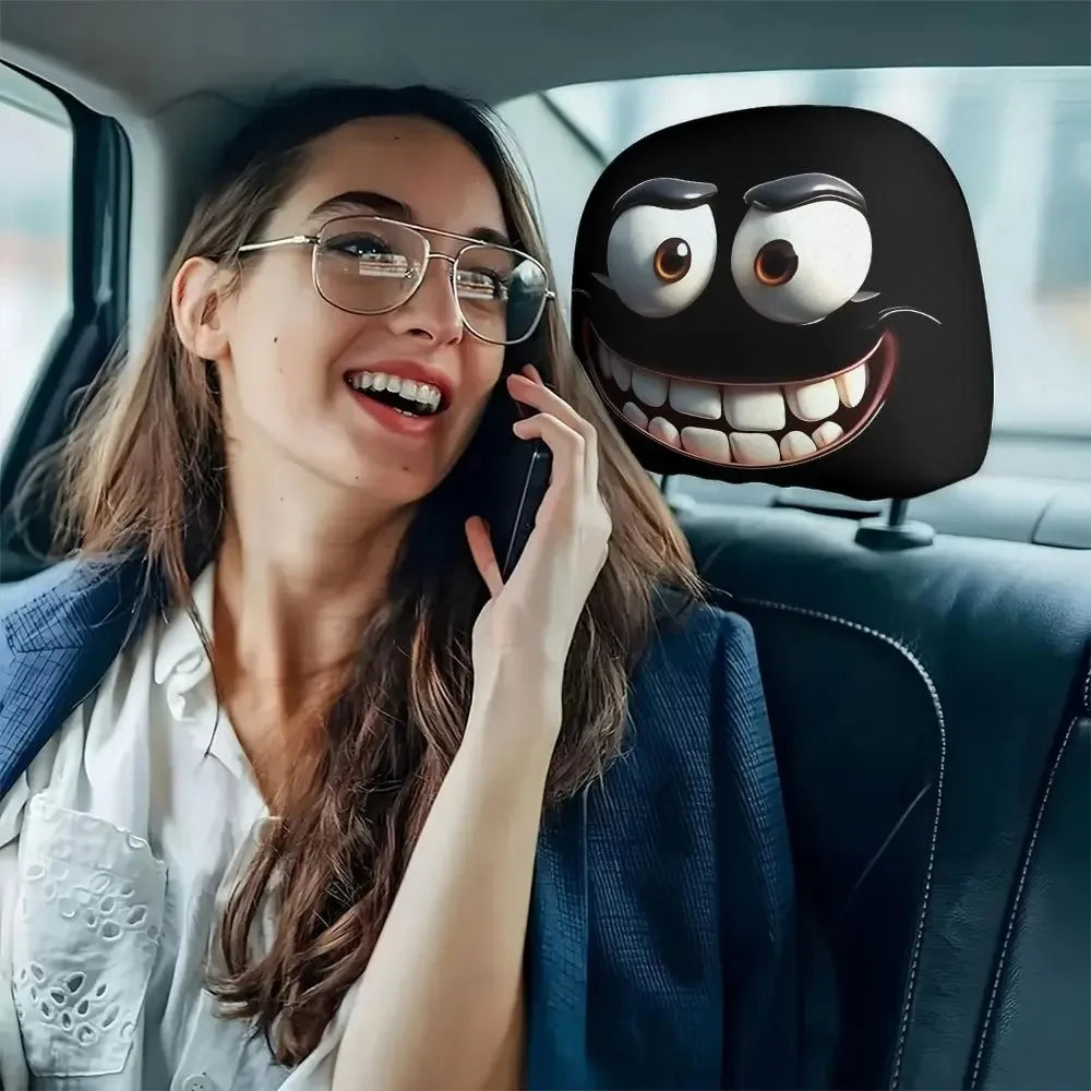 2PCS Smiley Face Car Pillowcases — Soft, Comfortable Decorative Cushion Covers for Auto Seat Headrests, Washable Polyester