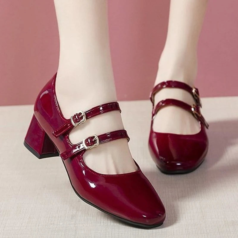 Elegant Women’s Mary Jane Chunky Heels – Square Toe Patent Leather Pumps with Double Ankle Strap