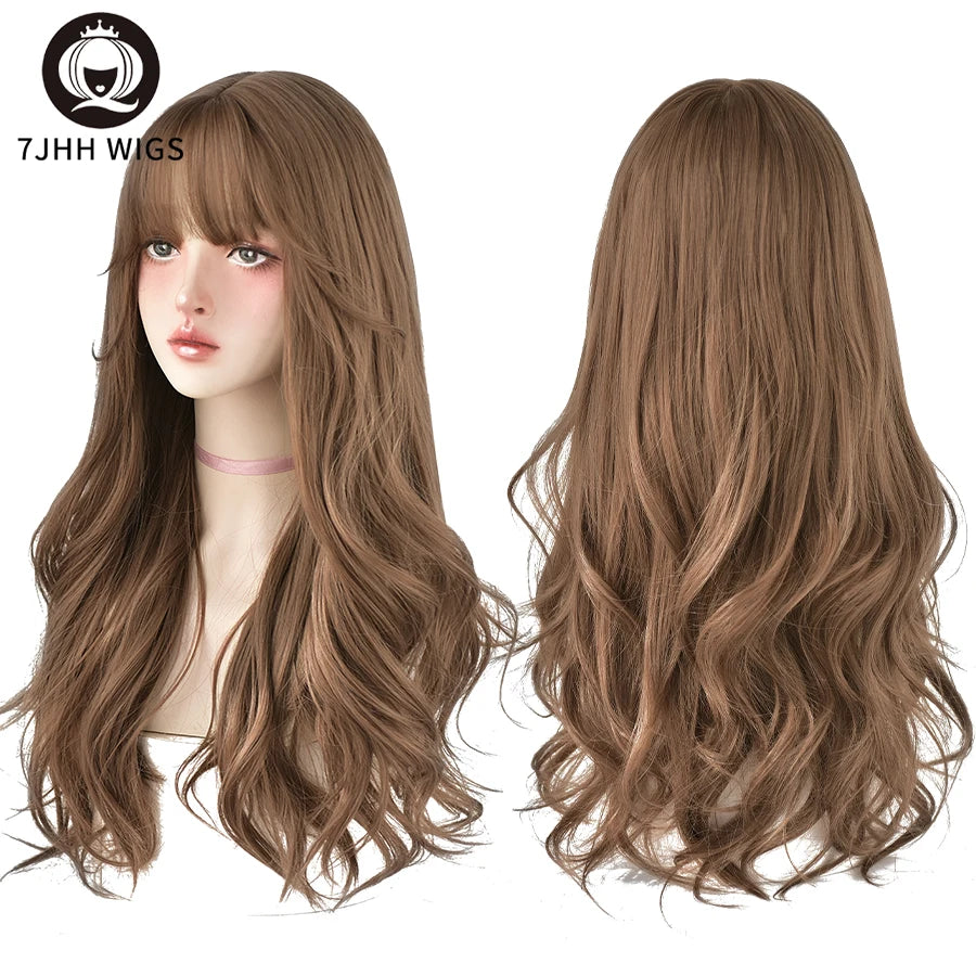 7JHH Brown Ash Long Deep Wave Lolita Wig for Women — Synthetic Hair with Bangs, Thick Curly Fashion Wig