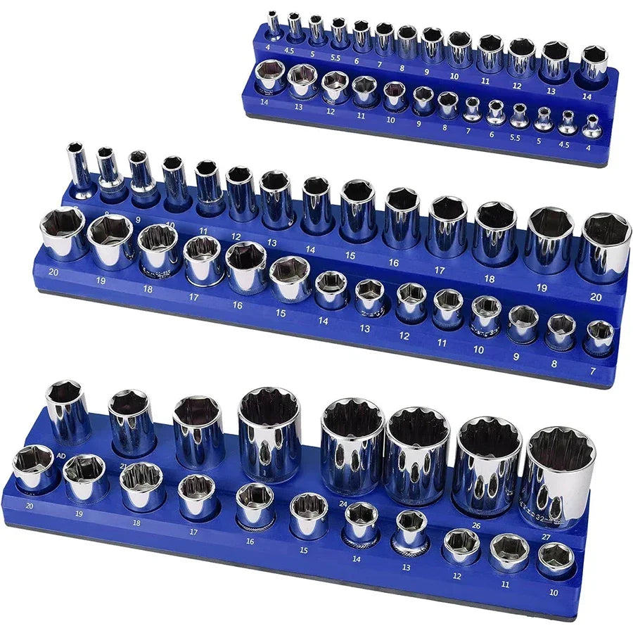 Blue Magnetic Socket Storage Rack - 1/4", 3/8" & 1/2" Drive Metric Tool Organizer Holder