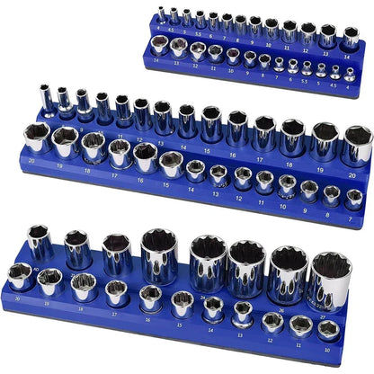 Blue Magnetic Socket Storage Rack - 1/4", 3/8" & 1/2" Drive Metric Tool Organizer Holder