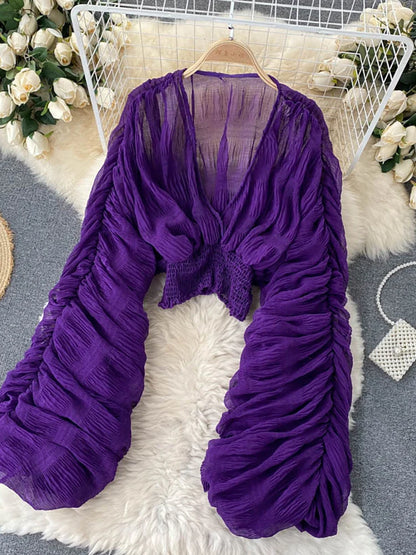 Women's Draped Chiffon Blouse - Elegant V-Neck Puff Sleeve Slim-Fit Party Top for Summer Fashion