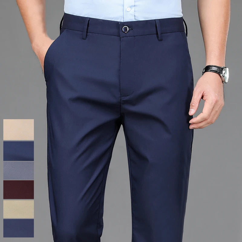 Men's Stretch Solid Black Pants - Smart Casual Office Trousers, Quick Dry Suit Pants for Spring & Autumn, Korean Straight Fit