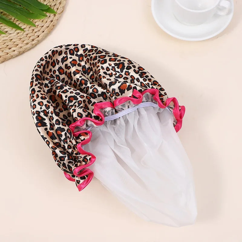 Waterproof Leopard Shower Cap - Double Layer Reusable Hair Cover with Elastic Fit