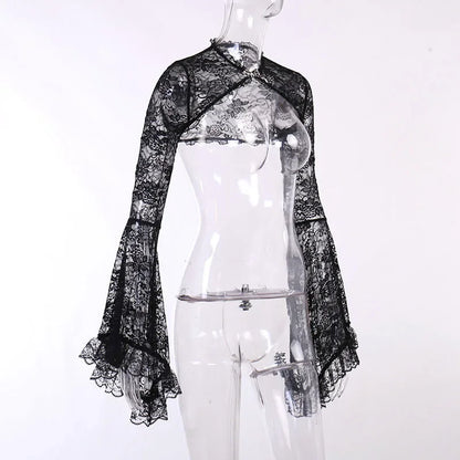 Lace Gothic See-Through Shrug Top – Black Flare Sleeve Crop Top, Vintage Punk Style for Women