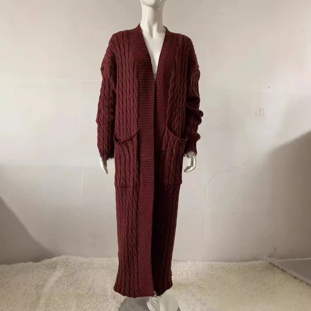 Women’s Long Knit Cardigan with Pockets – Vintage Full Sleeve Thick Autumn Winter Sweater Coat