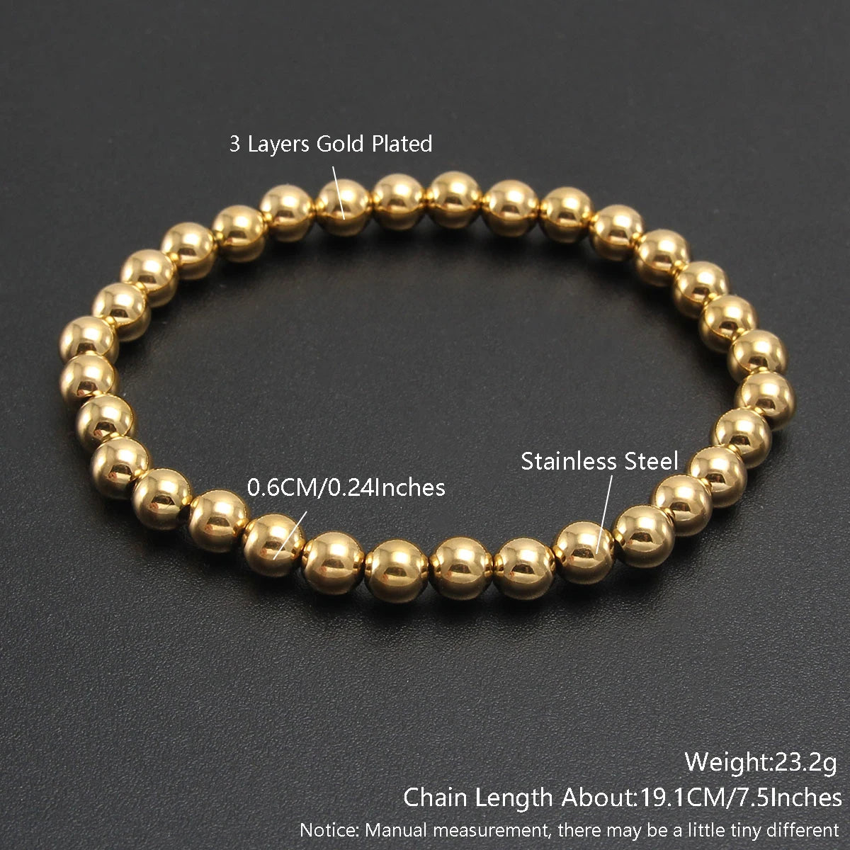 MHS.SUN Trendy Stainless Steel Stretch Bracelet — Gold & Silver Beaded 2mm/5mm/8mm for Men & Women